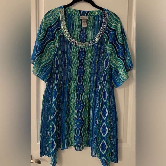 Catherines Tops - #059 - Catherines Blue & Green Ikat Stretch Crinkle SharkBite Tunic Plus Size 0X